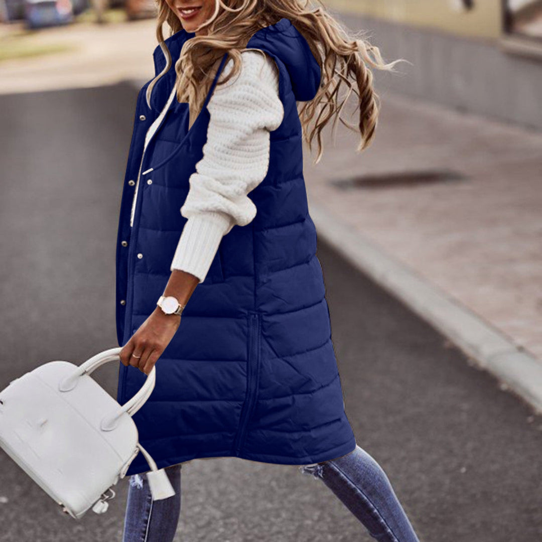 Freya Quilted Hooded Longline Puffer Vest | Relaxed Fit Button Front Vest