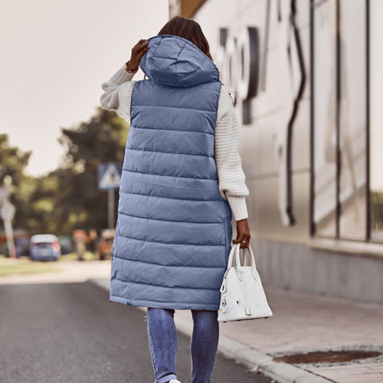 Freya Quilted Hooded Longline Puffer Vest | Relaxed Fit Button Front Vest