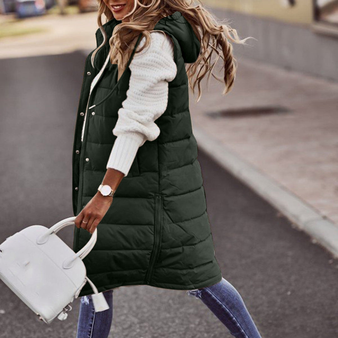 Freya Quilted Hooded Longline Puffer Vest | Relaxed Fit Button Front Vest