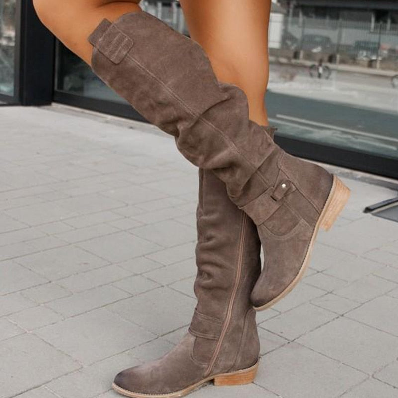 Isla Slouchy Knee-High Boots | Buckle Detail Low Block Heel Boots