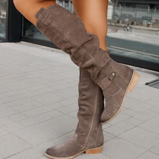 Isla Slouchy Knee-High Boots | Buckle Detail Low Block Heel Boots