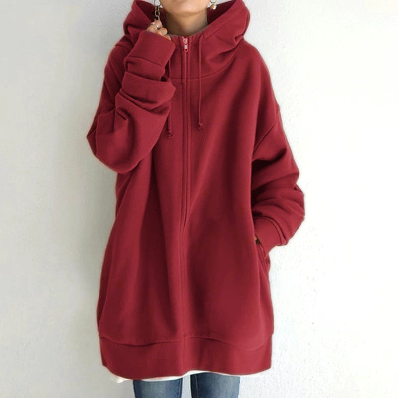 Amelia Oversized Fleece Zip-Up Hoodie | Drawstring Hood Side Pockets Hoodie