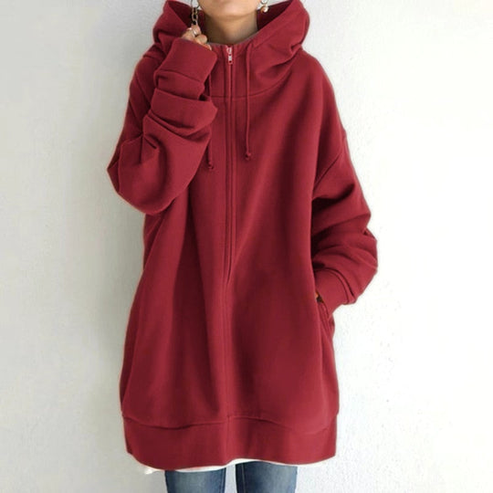 Amelia Oversized Fleece Zip-Up Hoodie | Drawstring Hood Side Pockets Hoodie