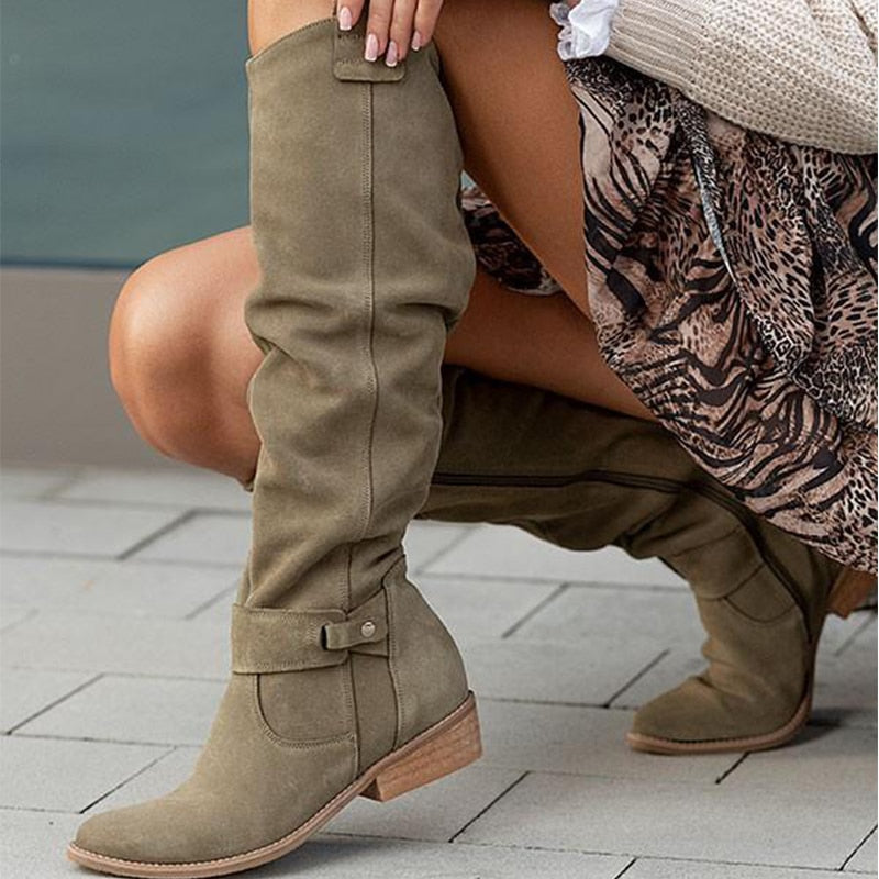 Isla Slouchy Knee-High Boots | Buckle Detail Low Block Heel Boots