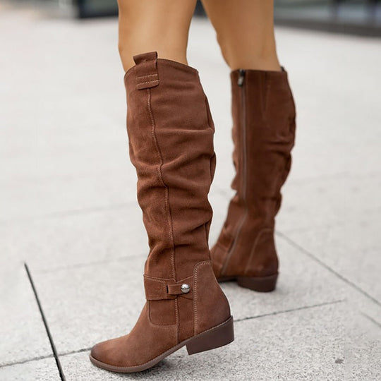 Isla Slouchy Knee-High Boots | Buckle Detail Low Block Heel Boots