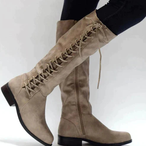 Amelia Leather Knee-Length Lace-Up Boots | Fitted Low Block Heel Boots