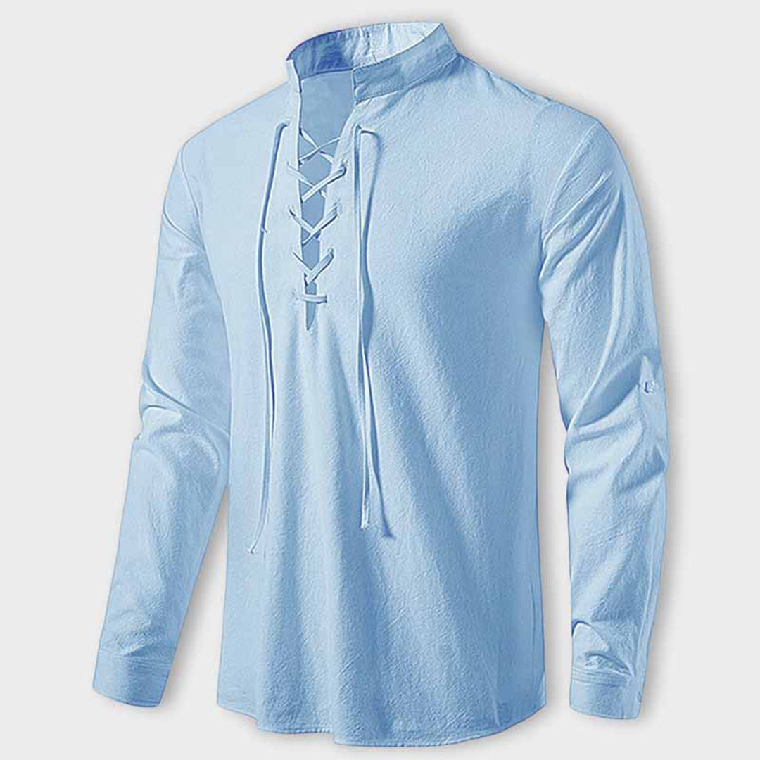 Harry Regular Fit Lace-Up Shirt | Stand Collar Long Sleeve Shirt