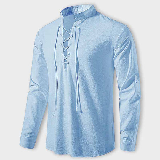 Harry Regular Fit Lace-Up Shirt | Stand Collar Long Sleeve Shirt