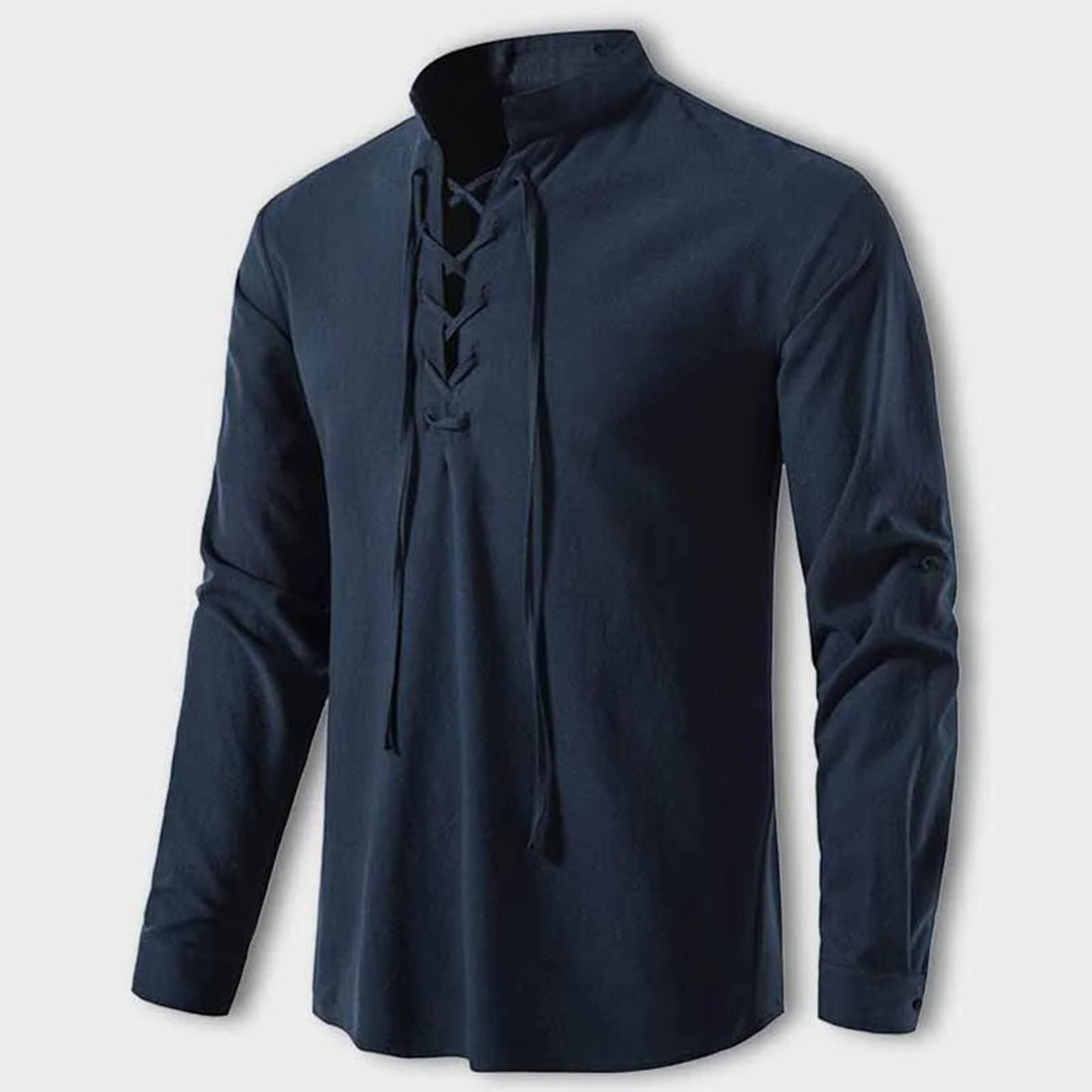 Harry Regular Fit Lace-Up Shirt | Stand Collar Long Sleeve Shirt