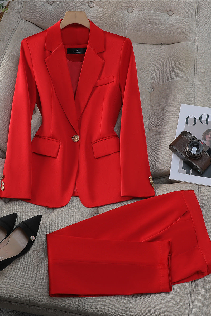 Isla Tailored Fit Blazer and Straight Leg Trousers Two-Piece Set | Double-Breasted Gold-Tone Buttons Set