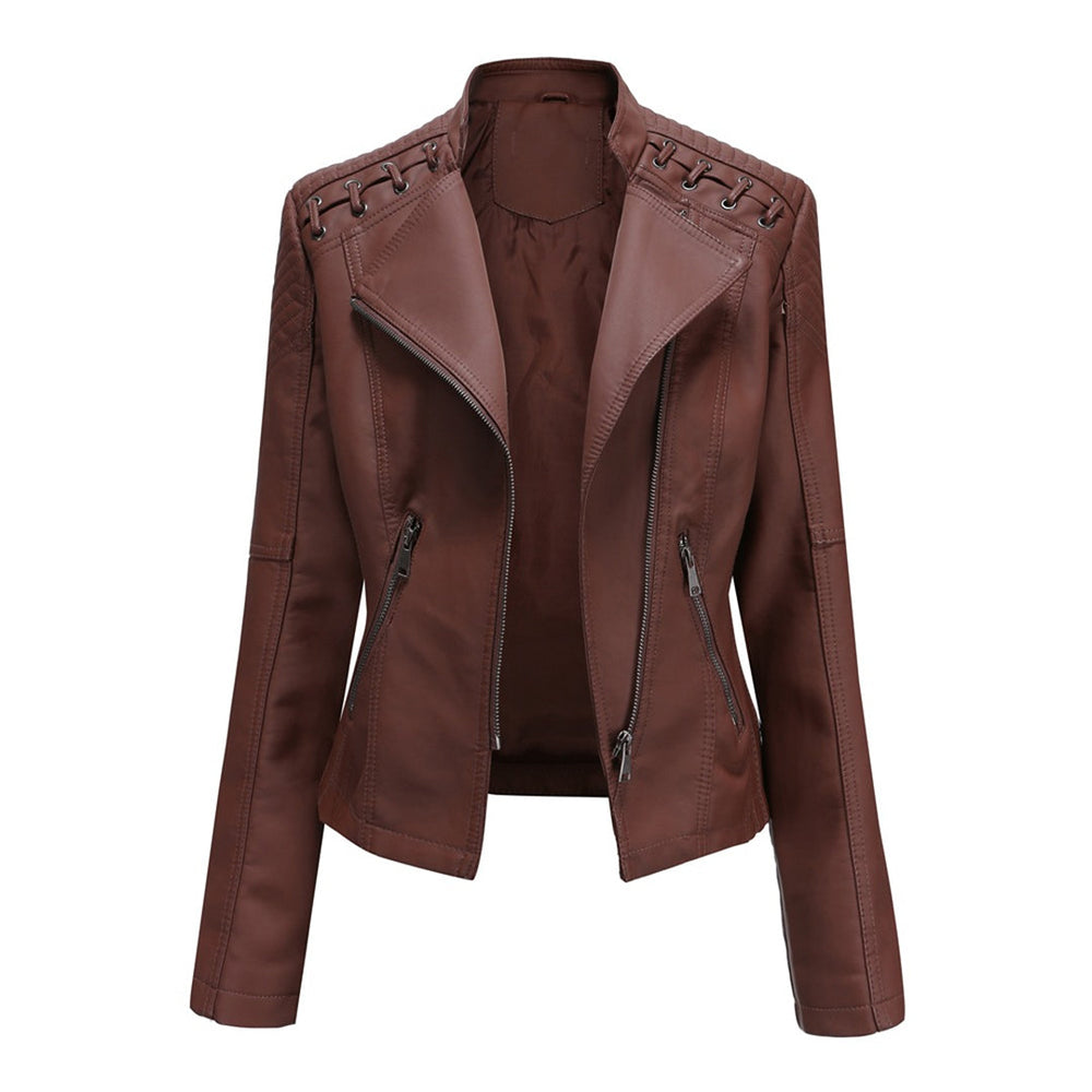 Isla Leather Fitted Biker Jacket | Lapel Collar Lace-Up Biker Jacket