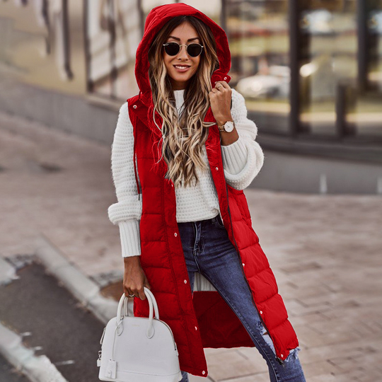 Freya Quilted Hooded Longline Puffer Vest | Relaxed Fit Button Front Vest