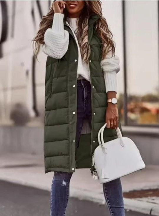 Freya Quilted Hooded Longline Puffer Vest | Relaxed Fit Button Front Vest