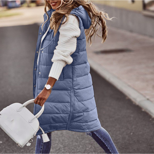 Freya Quilted Hooded Longline Puffer Vest | Relaxed Fit Button Front Vest