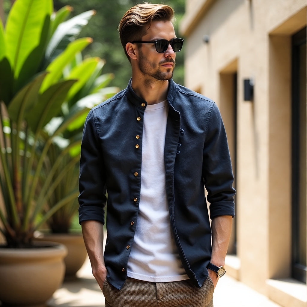 Stand-Up Collar Long Sleeve Shirt for Men