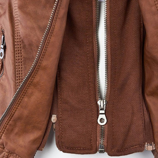 Lily Leather Hooded Biker Jacket | Drawstring Hood Snap Details Jacket