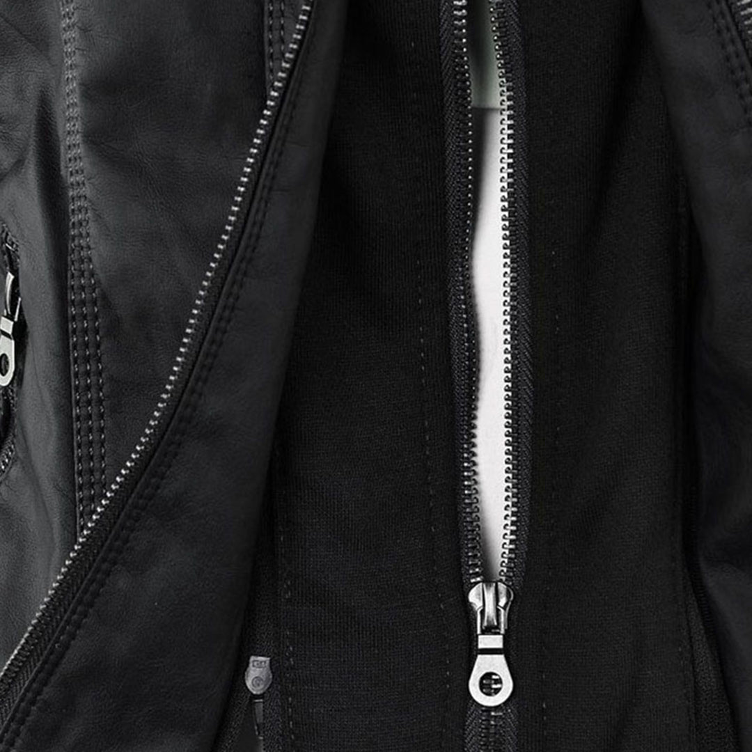 Lily Leather Hooded Biker Jacket | Drawstring Hood Snap Details Jacket