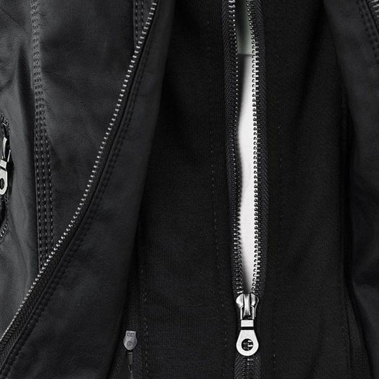 Lily Leather Hooded Biker Jacket | Drawstring Hood Snap Details Jacket