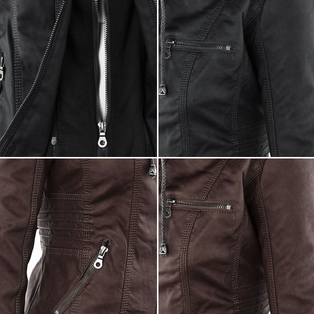 Lily Leather Hooded Biker Jacket | Drawstring Hood Snap Details Jacket