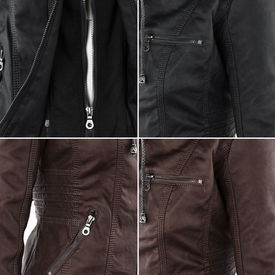 Lily Leather Hooded Biker Jacket | Drawstring Hood Snap Details Jacket