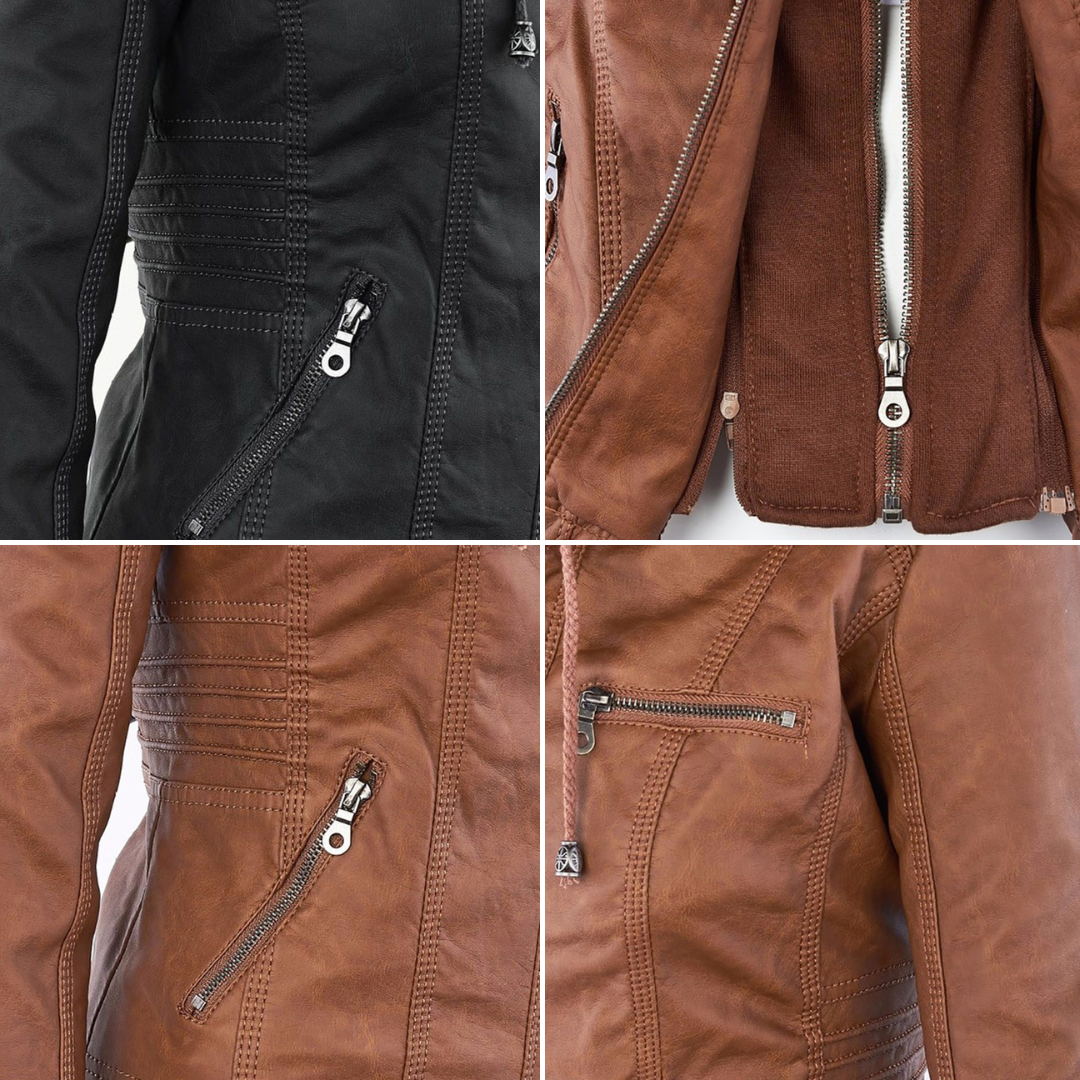Lily Leather Hooded Biker Jacket | Drawstring Hood Snap Details Jacket