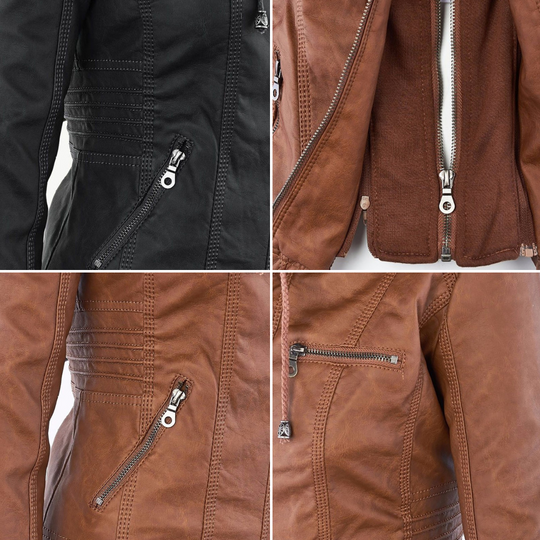 Lily Leather Hooded Biker Jacket | Drawstring Hood Snap Details Jacket