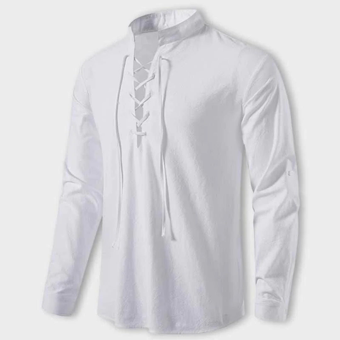 Harry Regular Fit Lace-Up Shirt | Stand Collar Long Sleeve Shirt