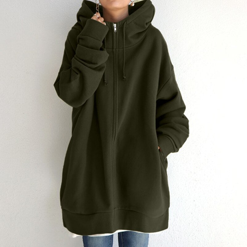Amelia Oversized Fleece Zip-Up Hoodie | Drawstring Hood Side Pockets Hoodie