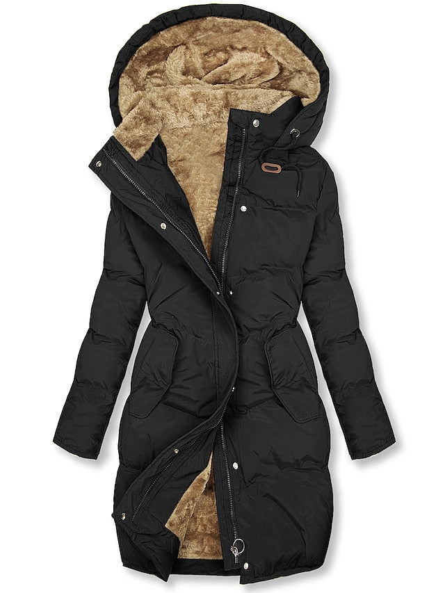 Isla Hooded Puffer Coat | Quilted Fur Trim Knee-Length Coat