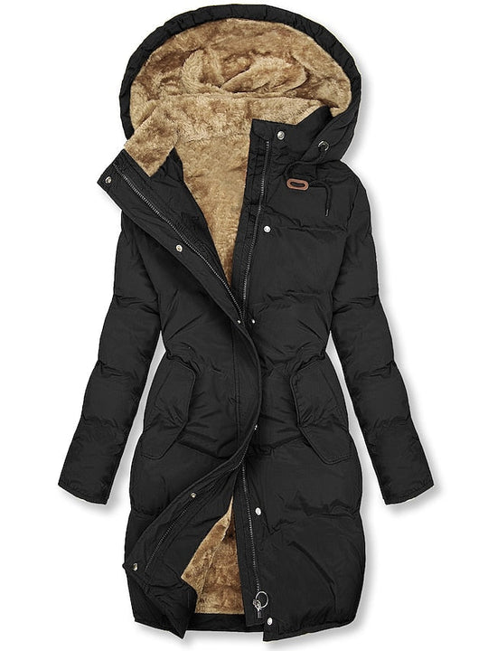 Isla Hooded Puffer Coat | Quilted Fur Trim Knee-Length Coat