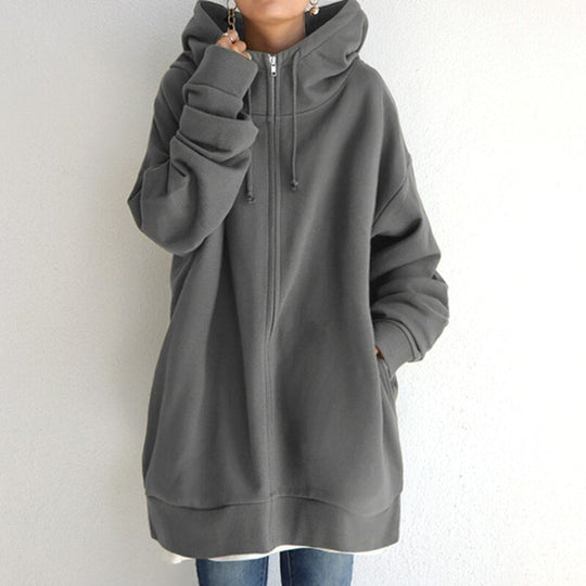 Amelia Oversized Fleece Zip-Up Hoodie | Drawstring Hood Side Pockets Hoodie