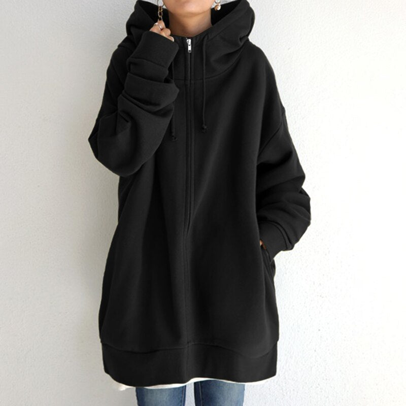 Amelia Oversized Fleece Zip-Up Hoodie | Drawstring Hood Side Pockets Hoodie