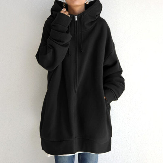 Amelia Oversized Fleece Zip-Up Hoodie | Drawstring Hood Side Pockets Hoodie