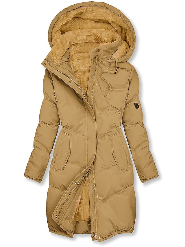 Isla Hooded Puffer Coat | Quilted Fur Trim Knee-Length Coat