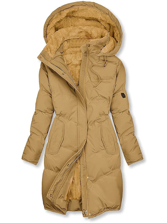 Isla Hooded Puffer Coat | Quilted Fur Trim Knee-Length Coat