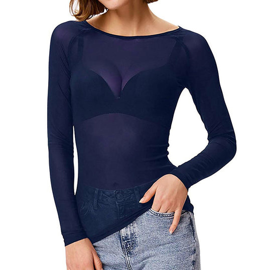 Rosie Slim Fit Sheer Mesh Top | Boat Neck Long Sleeve Top