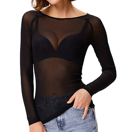 Rosie Slim Fit Sheer Mesh Top | Boat Neck Long Sleeve Top
