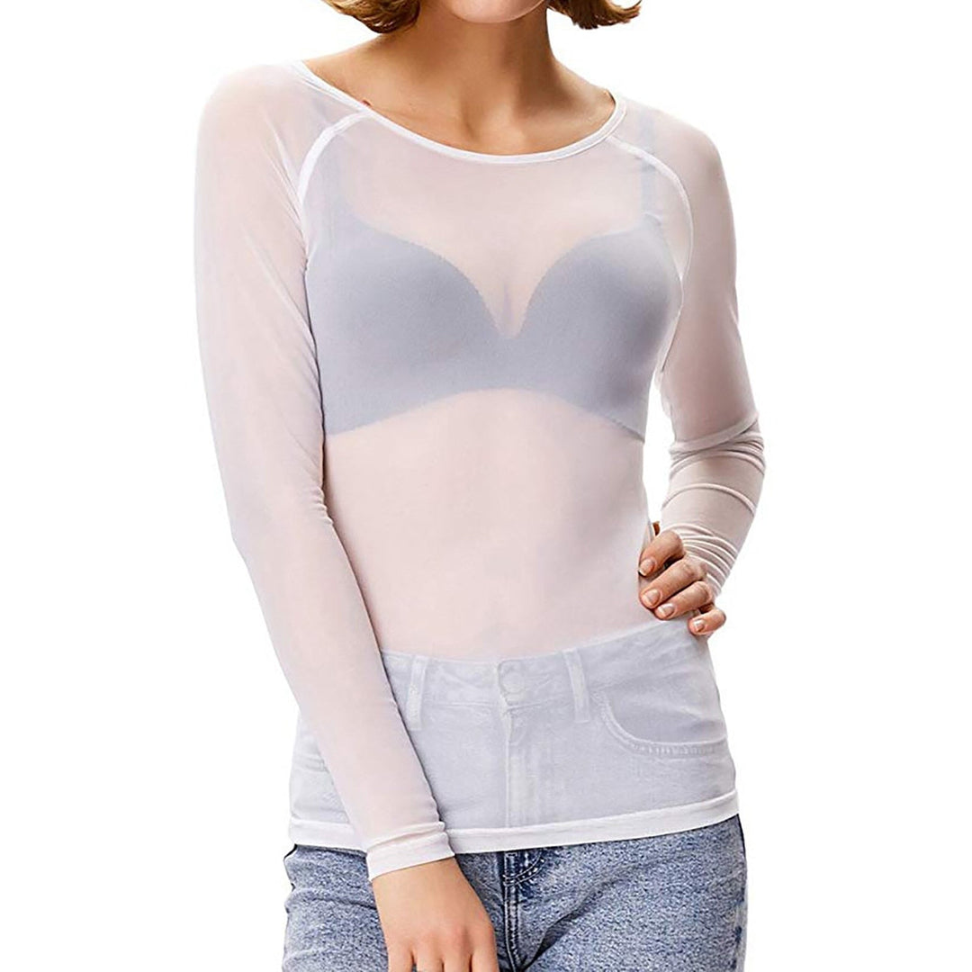 Rosie Slim Fit Sheer Mesh Top | Boat Neck Long Sleeve Top