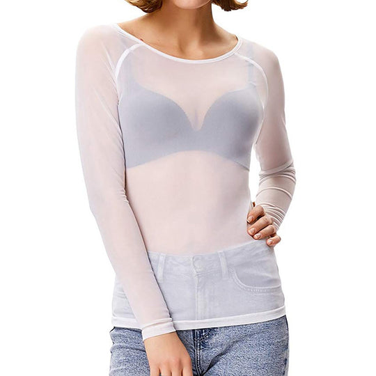 Rosie Slim Fit Sheer Mesh Top | Boat Neck Long Sleeve Top