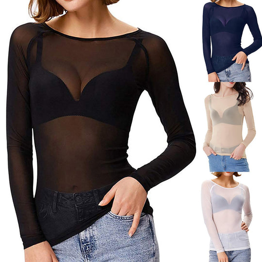 Rosie Slim Fit Sheer Mesh Top | Boat Neck Long Sleeve Top